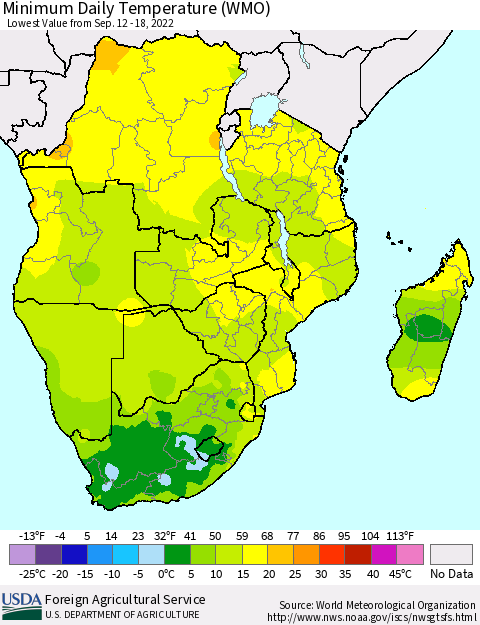 Southern Africa Minimum Daily Temperature (WMO) Thematic Map For 9/12/2022 - 9/18/2022