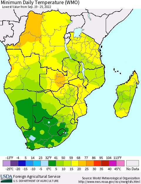 Southern Africa Minimum Daily Temperature (WMO) Thematic Map For 9/19/2022 - 9/25/2022