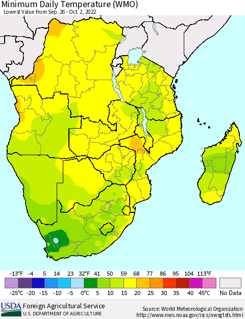 Southern Africa Minimum Daily Temperature (WMO) Thematic Map For 9/26/2022 - 10/2/2022