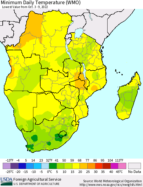 Southern Africa Minimum Daily Temperature (WMO) Thematic Map For 10/3/2022 - 10/9/2022
