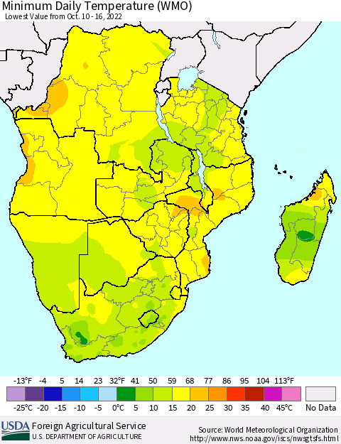Southern Africa Minimum Daily Temperature (WMO) Thematic Map For 10/10/2022 - 10/16/2022