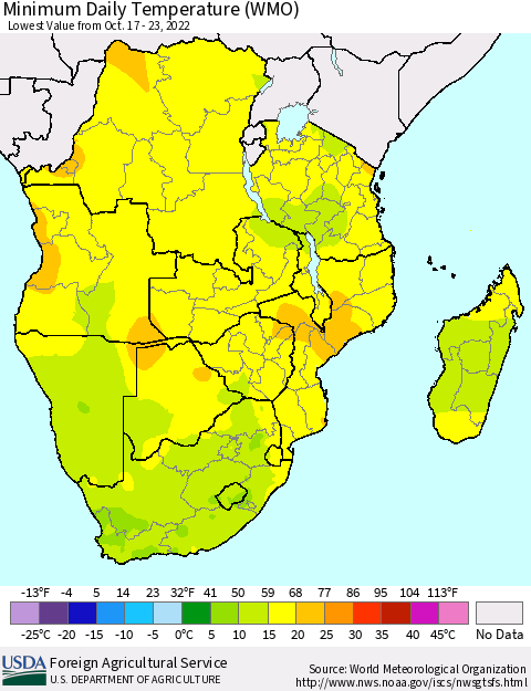 Southern Africa Minimum Daily Temperature (WMO) Thematic Map For 10/17/2022 - 10/23/2022