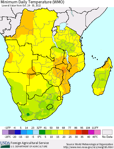 Southern Africa Minimum Daily Temperature (WMO) Thematic Map For 10/24/2022 - 10/30/2022
