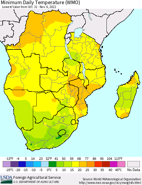 Southern Africa Minimum Daily Temperature (WMO) Thematic Map For 10/31/2022 - 11/6/2022
