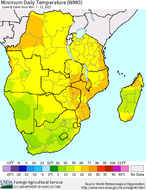 Southern Africa Minimum Daily Temperature (WMO) Thematic Map For 11/7/2022 - 11/13/2022