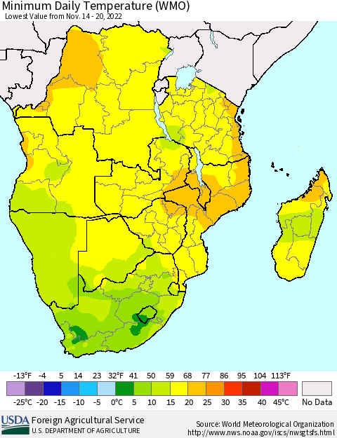 Southern Africa Minimum Daily Temperature (WMO) Thematic Map For 11/14/2022 - 11/20/2022