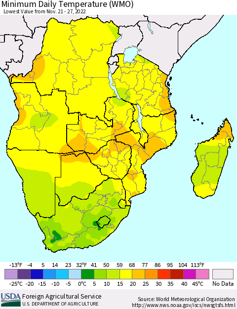 Southern Africa Minimum Daily Temperature (WMO) Thematic Map For 11/21/2022 - 11/27/2022