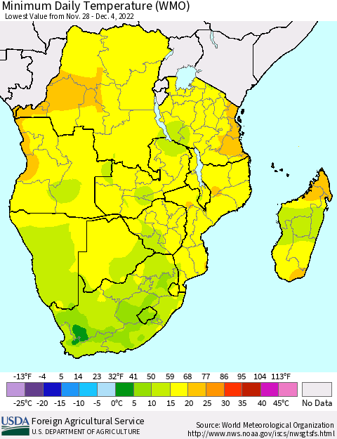 Southern Africa Minimum Daily Temperature (WMO) Thematic Map For 11/28/2022 - 12/4/2022