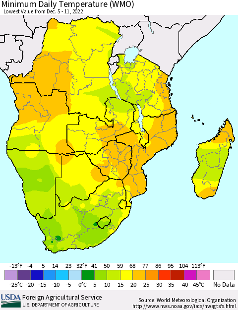 Southern Africa Minimum Daily Temperature (WMO) Thematic Map For 12/5/2022 - 12/11/2022