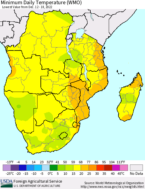 Southern Africa Minimum Daily Temperature (WMO) Thematic Map For 12/12/2022 - 12/18/2022