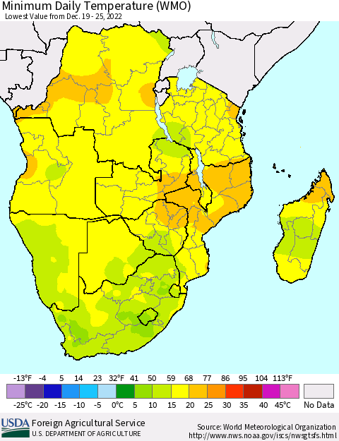 Southern Africa Minimum Daily Temperature (WMO) Thematic Map For 12/19/2022 - 12/25/2022