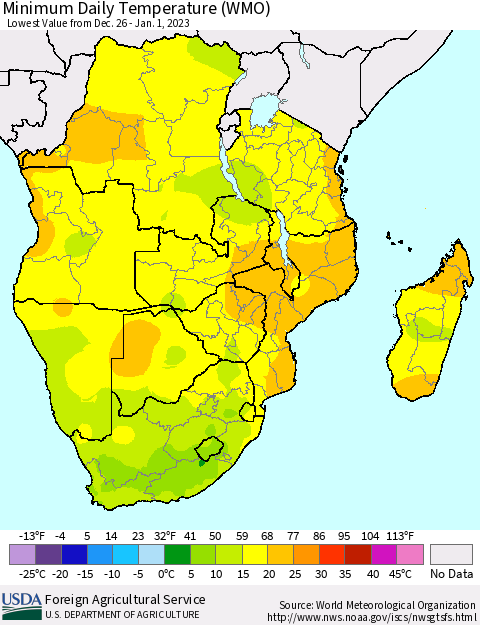Southern Africa Minimum Daily Temperature (WMO) Thematic Map For 12/26/2022 - 1/1/2023