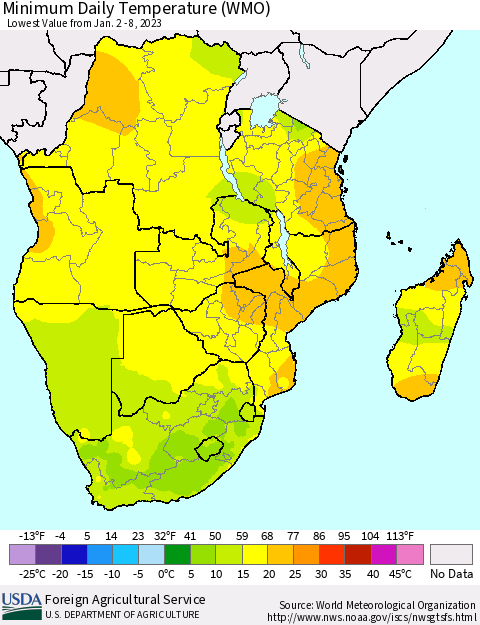 Southern Africa Minimum Daily Temperature (WMO) Thematic Map For 1/2/2023 - 1/8/2023