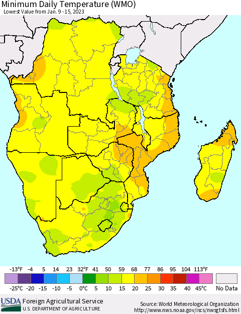 Southern Africa Minimum Daily Temperature (WMO) Thematic Map For 1/9/2023 - 1/15/2023