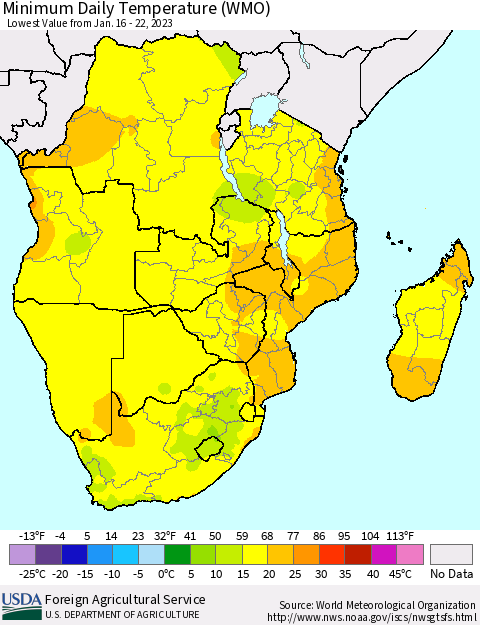 Southern Africa Minimum Daily Temperature (WMO) Thematic Map For 1/16/2023 - 1/22/2023