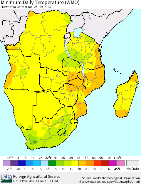 Southern Africa Minimum Daily Temperature (WMO) Thematic Map For 1/23/2023 - 1/29/2023