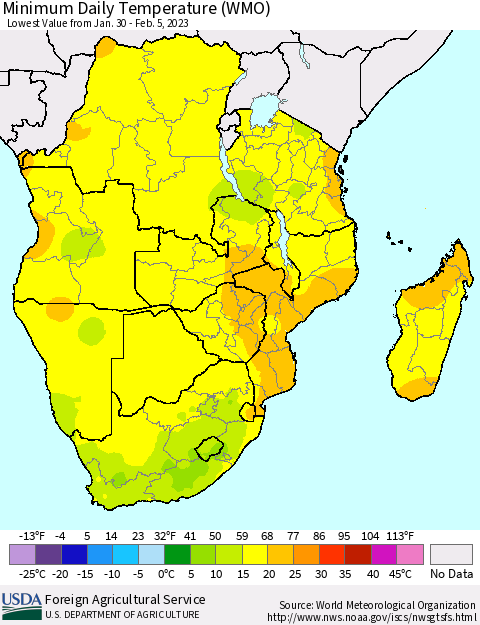 Southern Africa Minimum Daily Temperature (WMO) Thematic Map For 1/30/2023 - 2/5/2023
