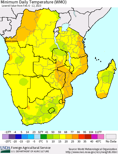 Southern Africa Minimum Daily Temperature (WMO) Thematic Map For 2/6/2023 - 2/12/2023