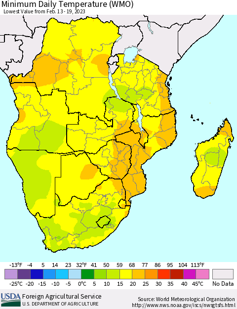 Southern Africa Minimum Daily Temperature (WMO) Thematic Map For 2/13/2023 - 2/19/2023