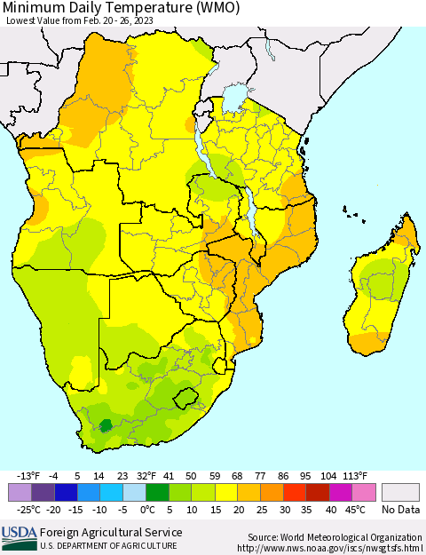 Southern Africa Minimum Daily Temperature (WMO) Thematic Map For 2/20/2023 - 2/26/2023