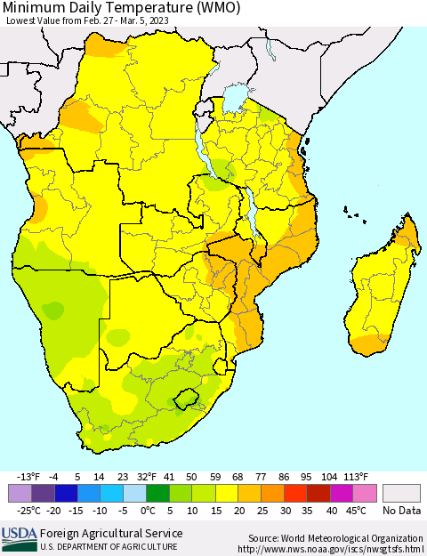 Southern Africa Minimum Daily Temperature (WMO) Thematic Map For 2/27/2023 - 3/5/2023