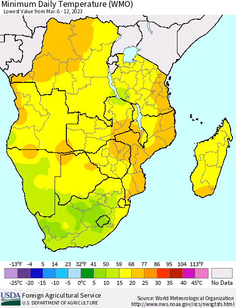 Southern Africa Minimum Daily Temperature (WMO) Thematic Map For 3/6/2023 - 3/12/2023