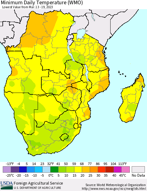 Southern Africa Minimum Daily Temperature (WMO) Thematic Map For 3/13/2023 - 3/19/2023