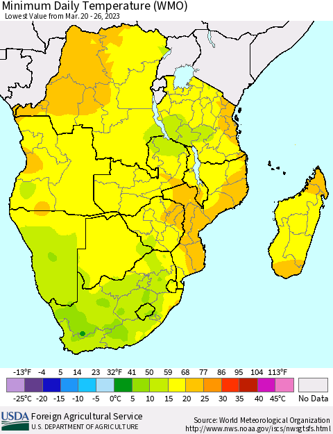 Southern Africa Minimum Daily Temperature (WMO) Thematic Map For 3/20/2023 - 3/26/2023