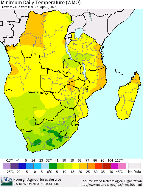 Southern Africa Minimum Daily Temperature (WMO) Thematic Map For 3/27/2023 - 4/2/2023