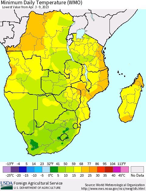 Southern Africa Minimum Daily Temperature (WMO) Thematic Map For 4/3/2023 - 4/9/2023