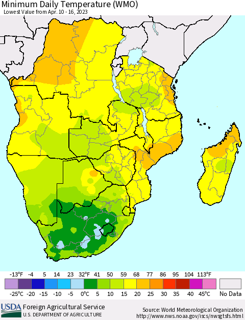 Southern Africa Minimum Daily Temperature (WMO) Thematic Map For 4/10/2023 - 4/16/2023