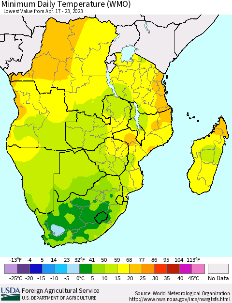 Southern Africa Minimum Daily Temperature (WMO) Thematic Map For 4/17/2023 - 4/23/2023