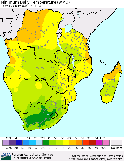 Southern Africa Minimum Daily Temperature (WMO) Thematic Map For 4/24/2023 - 4/30/2023