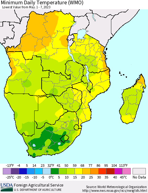 Southern Africa Minimum Daily Temperature (WMO) Thematic Map For 5/1/2023 - 5/7/2023