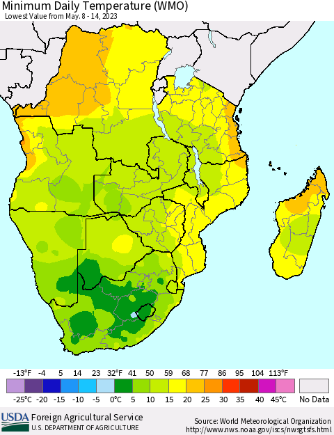 Southern Africa Minimum Daily Temperature (WMO) Thematic Map For 5/8/2023 - 5/14/2023