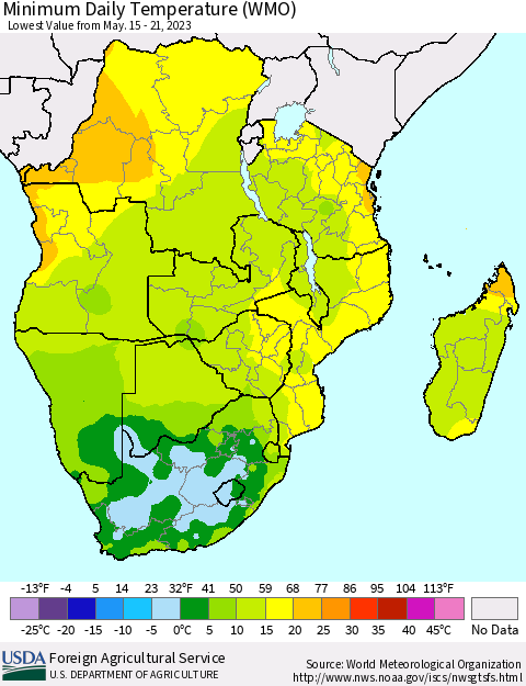Southern Africa Minimum Daily Temperature (WMO) Thematic Map For 5/15/2023 - 5/21/2023