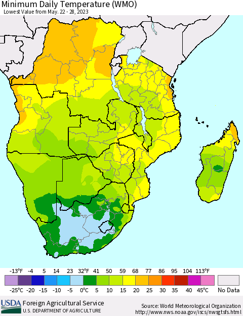 Southern Africa Minimum Daily Temperature (WMO) Thematic Map For 5/22/2023 - 5/28/2023