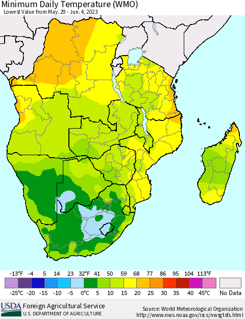 Southern Africa Minimum Daily Temperature (WMO) Thematic Map For 5/29/2023 - 6/4/2023