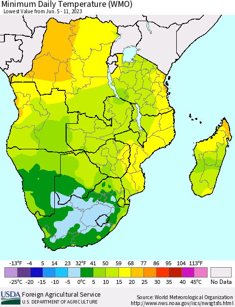 Southern Africa Minimum Daily Temperature (WMO) Thematic Map For 6/5/2023 - 6/11/2023