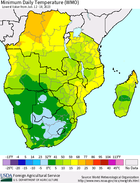 Southern Africa Minimum Daily Temperature (WMO) Thematic Map For 6/12/2023 - 6/18/2023