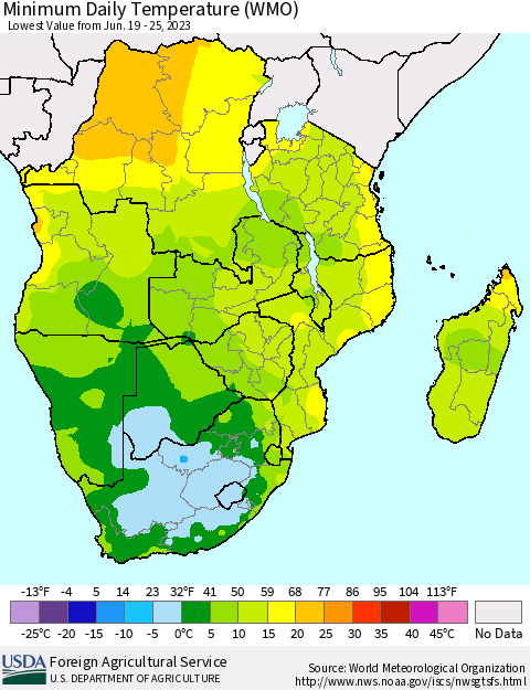 Southern Africa Minimum Daily Temperature (WMO) Thematic Map For 6/19/2023 - 6/25/2023