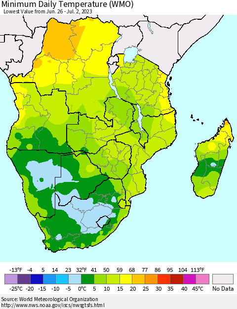 Southern Africa Minimum Daily Temperature (WMO) Thematic Map For 6/26/2023 - 7/2/2023