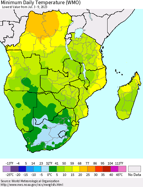 Southern Africa Minimum Daily Temperature (WMO) Thematic Map For 7/3/2023 - 7/9/2023