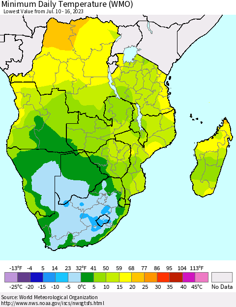 Southern Africa Minimum Daily Temperature (WMO) Thematic Map For 7/10/2023 - 7/16/2023