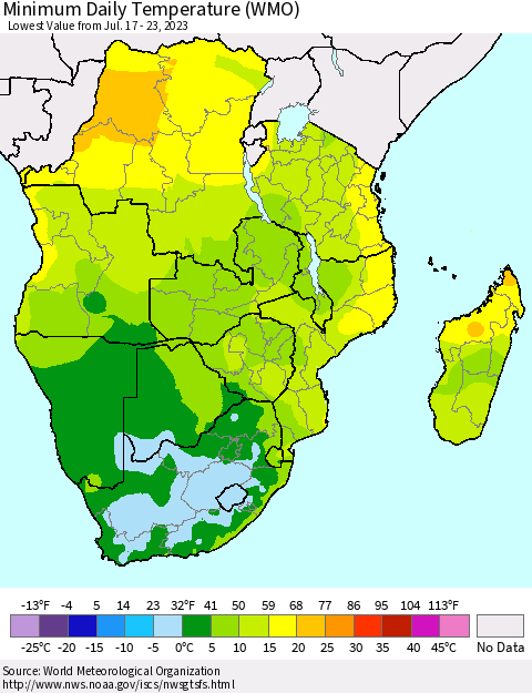 Southern Africa Minimum Daily Temperature (WMO) Thematic Map For 7/17/2023 - 7/23/2023