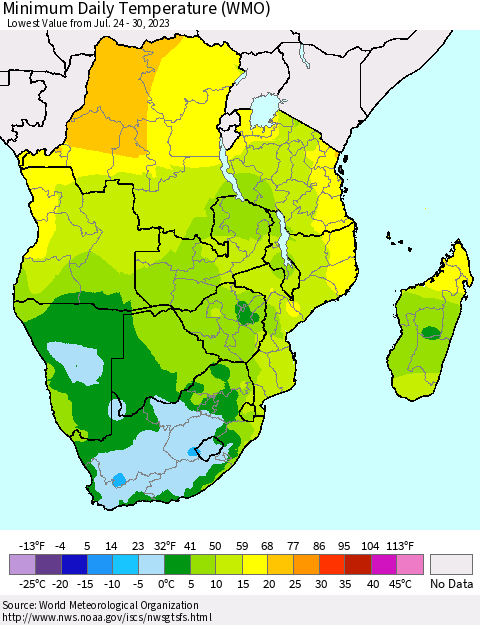 Southern Africa Minimum Daily Temperature (WMO) Thematic Map For 7/24/2023 - 7/30/2023