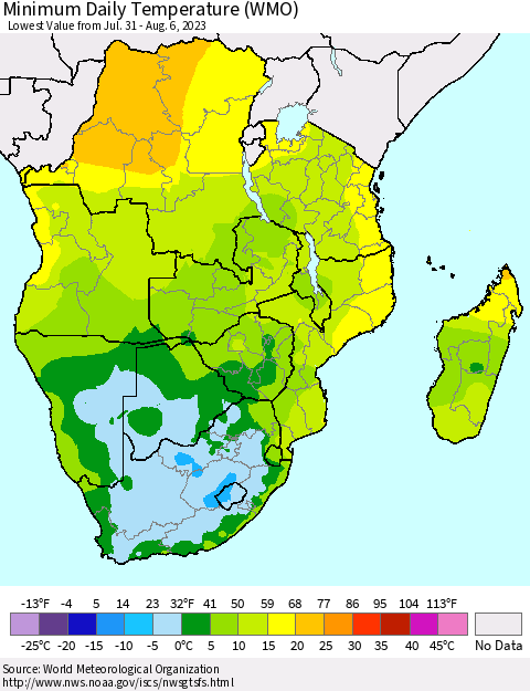 Southern Africa Minimum Daily Temperature (WMO) Thematic Map For 7/31/2023 - 8/6/2023
