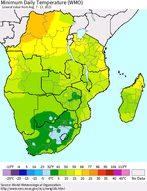 Southern Africa Minimum Daily Temperature (WMO) Thematic Map For 8/7/2023 - 8/13/2023