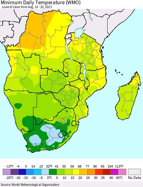 Southern Africa Minimum Daily Temperature (WMO) Thematic Map For 8/14/2023 - 8/20/2023