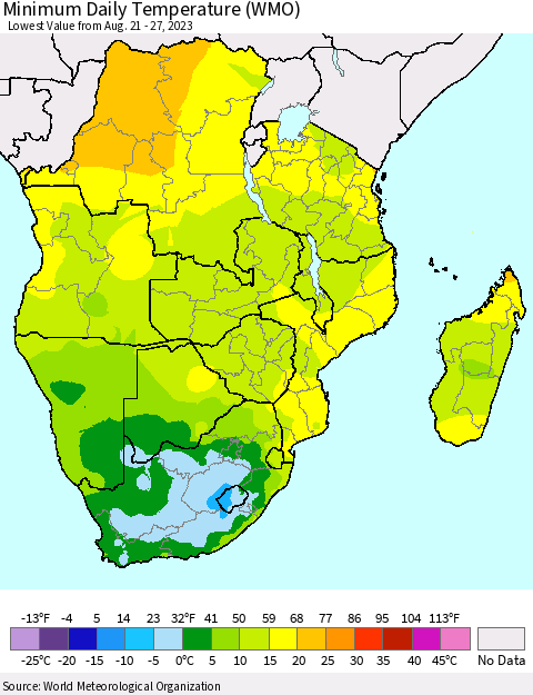 Southern Africa Minimum Daily Temperature (WMO) Thematic Map For 8/21/2023 - 8/27/2023